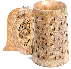 NORSE EMPIRE Premium Wooden Beer Mug 20Oz Chainmail Pattern 100% Handcrafted Beer Stein Wine accessories Viking Gifts Medieval Gift Sack Tankard Christmas Coffee Cups Vikings Mug Food Safe