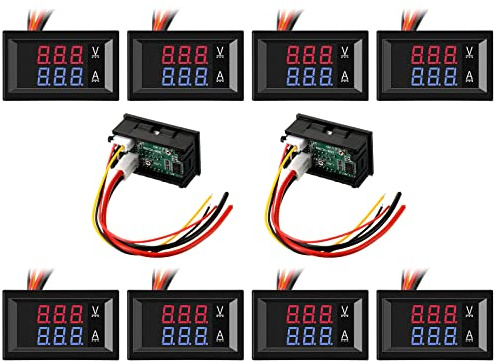10 Pcs 0.28 Digital Voltmeter Ammeter 100V 10A Volt Amp Meter Current Voltage Tester with Connect Wires Red Blue Dual LED Multimeter Display Panel for Christmas Lights Battery Electricity Monitor