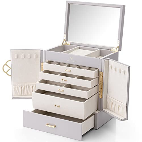 Vlando Jewelry Box Organizer Large Faux Leather Jewelry Box with 5 Drawn, Mirror Jewelry Boxes Storgewith Earrings Necklace Rings,