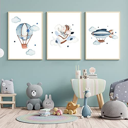 CULASIGN 3er Set Poster Kinderzimmer, A4 Bilder Babyzimmer Kinderposter OHNE Bilderrahmen, Wandbilder Deko Mädchen Junge, Kinderbilder Autos Flugzeuge Heißluftballons (DEF,30x40cm)