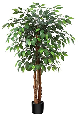 OAKRED Konstgjort fikusträd med naturligt trästam och realistiska blad, siden falskt fikusträd för heminredning inomhus, hög grön falsk växt med kruka för kontor vardagsrum utomhus, set med 1