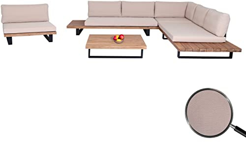 Mendler Garten-Garnitur mit Sessel HWC-H54 - Hellbraun, Polster beige | Lounge-Set, Sofa, Spun, Poly, Akazie, Holz, FSC®, Aluminium