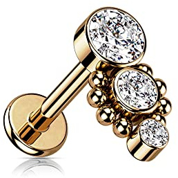 Treuheld® Labret Piercing mit 3 Kristallen und Verzierung | 2 Größen | 4 Farben