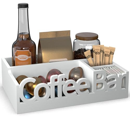 Organizador de barra de café, bandeja de madera blanca para estación de café, color blanco | Cápsulas de café, bolsas de té, cremas y condimentos