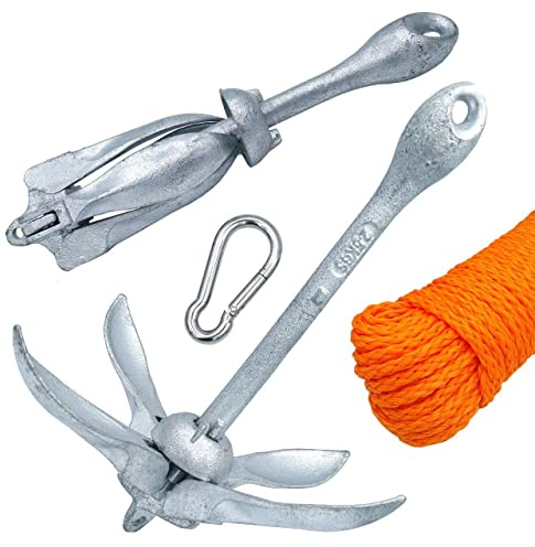 Shop SoftAir® Kit Ancora a Ombrello Pieghevole in Acciaio Zincato e Cima Galleggiante 30 Metri Levilene Arancione Ormeggio e Moschettone in Acciaio Inox Aisi 316 (Ancora 6kg + Cima 8mm + Moschettone)