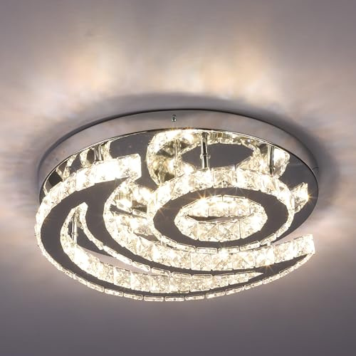 CXGLEAMING 15.7 Mond Runde Moderner Kronleuchter LED Kristall(Mehrfarbig) | Runde Mondform mit Kristalldetails und drei wählbaren Lichtfarben für Schlafzimmer, Flur und Küche