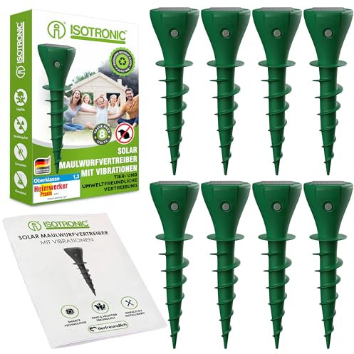 ISOTRONIC 8X Maulwurfvertreiber Solar zum Eindrehen Einschrauben I Maulwurfschreck für den Garten I Maulwurfabwehr, Wühlmausvertreiber, Wühlmausschreck, IP65
