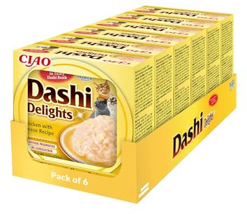 INABA Dashi Delights - bitar i bonitflingbuljong med kyckling och ost - 6 x 70 g - läcker och hälsosam - topping - proteinrik - naturliga ingredienser - kattpasta