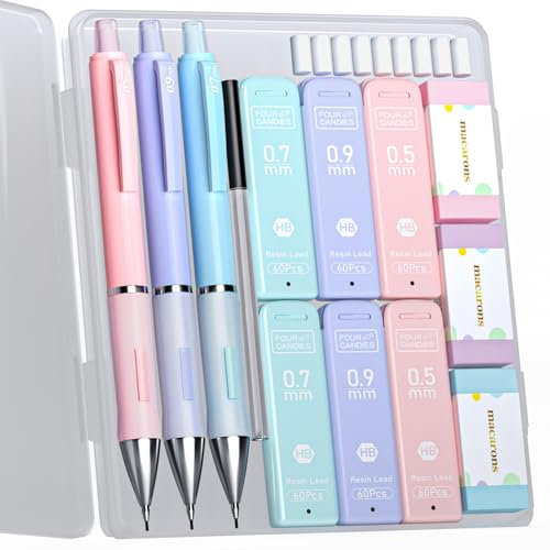 Four Candies 0,5 & 0,7 & 0,9 mm Druckbleistift Set, 3 Stück Minenbleistift, 360 Minen HB, 3 Radierer, Mechanische Bleistifte Pastell Stifte Schulsachen Aesthetic School Stuff Clean Girl Stationery
