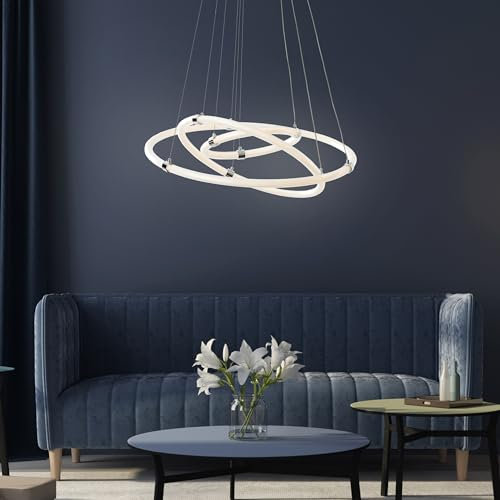 Lightbox moderne LED Hängelampe - 150 cm Höhe, Ø 79 cm - zeitlose Pendelleuchte mit CCT (3000-6500 K) - dimmbar per Fernbedienung - 60 W, 8000 lm - aus Aluminium/Kunststoff - in Chrom