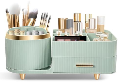 Cinnani Make Up Organizer per Cosmetici, Porta Cosmetici Multifunzionale con Rotazione a 360°,Organizer per Cosmetici per Toeletta, Bagno e Camera da Letto,con Piccolo Cassetto Multifunzionale (Verde)