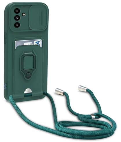 Dllatui Handyhülle Kompatibel mit Samsung Galaxy A15 Halsband Lanyard Silikonhülle,mit Kamera Schutz Schieber,Drehbarer Ständer mit Kartenfach Necklace Hülle (Grün)