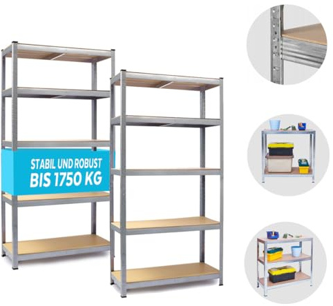 magubo Schwerlastregal, 2er Set, Kellerregal, Lagerregal, 40 x 90 x 180 cm, Regal mit Stahlgestell, jeweils bis 875 kg belastbar, 5 verstellbare Ablagen, silbern