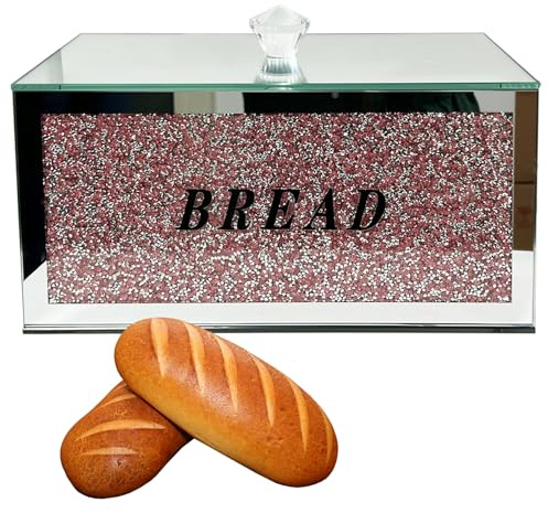 HMRCYTE Luxury Pink Crystal Glass Bread Box, 12.2 L x 6.3 W x 7.9 H, Decorative, Sturdy, Keeps Bread Fresh | Homemade Bread Storage Box with Lid Large Capacity Bread Box for Kitchen Counter Keep Bread Fresh Crushed Diamond Home Decor