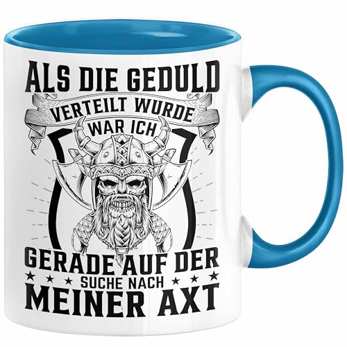 Forstwirt Geschenk Tasse Waldarbeiter Axt Holz Hacken Totenkopf Wikinger Kaffee-Becher für Holzfäller (Blau)