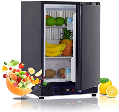 Techomey Frigo Gaz Camping Car, 60L, Frigo Trimixte 12V 220V Gaz, Frigo Silencieux pour Maison, Camping, Camping car, Caravane, Gîte, Cabanon, Garage, Noir
