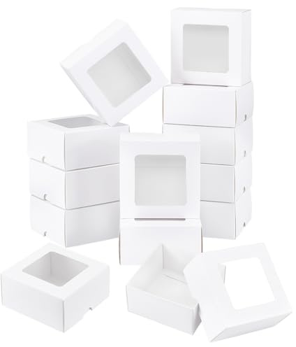 BENECREAT 12 Stück Weiße Kraftpapierbox Mit Klarem Fenster, 10x10x5cm Quadratische Geschenkbox Aus Kraftpapier Für Hochzeitsgeschenke Selbst Gemachte
