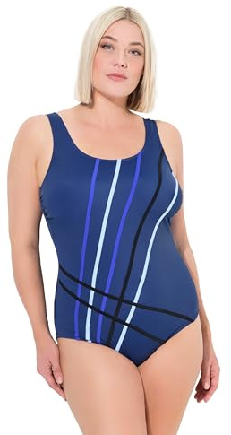 Ulla Popken Damen große Größen Übergrößen Plus Size Badeanzug, fabige Paspeln, ohne Softschalen Marine 50 835891740-50