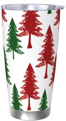 Mexpekil Isolierter Reisebecher, Eiskaffeetasse, Reisebecher, Edelstahl, Smoothie-Tasse, Auto-Kaffeetasse, rot-grün, minimalistischer Weihnachtsbaum, Becher mit Deckel, ohne Strohhalm, 590 ml