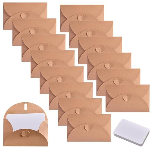 15 Stück Kleine Briefumschläge Mini Kraftpapier mit Blanko Kartenset und Herzförmigem Verschluss für DIY Dankeskarten, Einladung, Geburtstagskarten