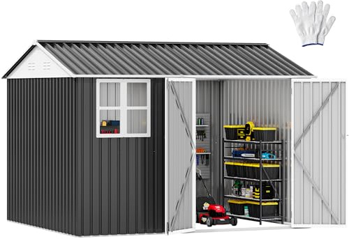 DWVO 10x8ft Large Tool Storage Shed with Window, Lockable Doors, and Sloped Roof, Oversized Steel Outdoor Storage Shed for Garden, Patio, Garage, Backyard, Lawn - Dark Gray