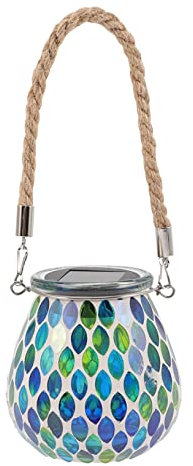 Mikikit Waterproof Solar Jar Lantern Outdoor Garden Light Blue Mosaic Solar Jar Lamp Decorative Hanging for Patio and Lawn Security