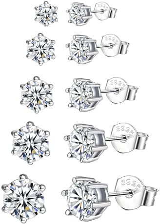 Epoch World 5 par 925 sterling silver örhäng dam örhängar silver 925 allergivänliga cubik zirkonia runda för kvinnor flickor män, 3-7mm