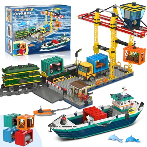 HOGOKIDS City Port with Container Crane Construction Toy - Ship, Train, Truck, 4 Containers with Cargo Port Building Blocks | Technology Toy for Adults Teen Children, Girls Boys from 8+ Years (1373