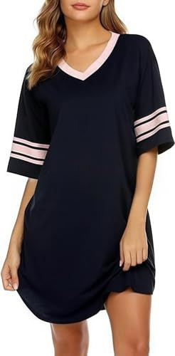 Camisón de verano para mujer, suave cuello en V, manga corta, ajuste holgado, camisón de algodón transpirable, color sólido, pijama, vestido cómodo para el hogar y el dormitorio, azul, XXL