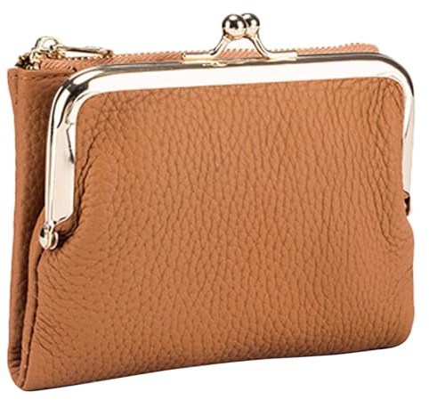 Karoukee Echtleder Bifold Geldbörse für Damen, Elegante Kleine Portemonnaie mit Kussverschluss (Kiss-Lock) & RFID-Schutz, Mehrfachfach Kreditkartenhalter im klassischen Design(Braun)