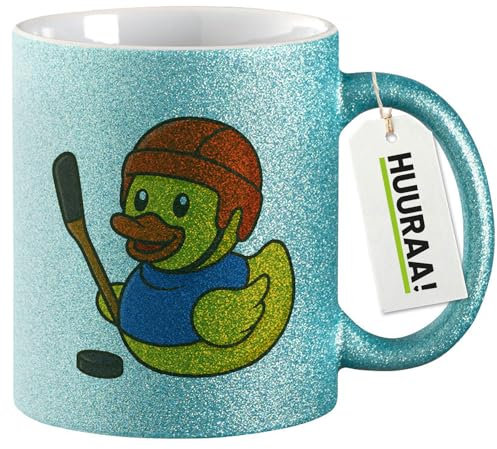 Huuraa Glitzertasse Quietscheente Eishockey Gummiente Hockey Geschenk 330ml Blau Quietscheente Eishockey Präsent