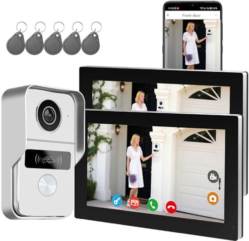 Smart phone 2 Wired Video Doorbell Intercom System, 7 Inch Touch Screen With Night Vision Support Remote Unlock, Dual-Way Intercom for Villa House Office Apartment with 1-Camera and 2-Monitor