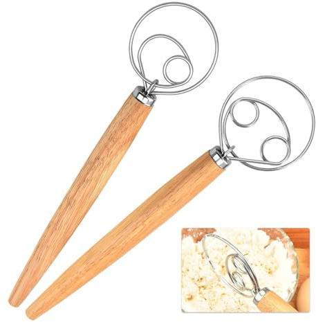 Dänischer Schneebesen, 2er Set Dänischer Teigbesen, 304 Edelstahl Teigrührer mit Eichenholz Griff, 8cm Doppelring Struktur, Sauerteig Zubehör für Brot, Pizza, Backen