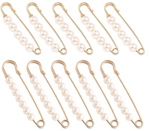 TRACOMPAN 10Pcs Strong Safety Pins with Pearls | Gold Large Safety Pins for Clothes & Sweaters | Heavy Duty Decorative Pin for Shawls & Skirts