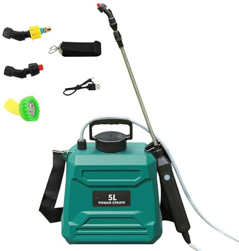 Spruzzatore a pressione, spruzzatore elettrico a spalla, 3 ugelli intercambiabili, spruzzatore telescopico, serbatoio dell'acqua con grande capacità, adatto per giardinaggio/pulizia (verde 5L)
