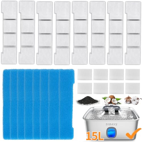 SIBAYS 15L Cat Water Fountain Filters, Dog Water Fountain Filter Replacement, Made of Activated Carbon and PP Cotton, 8 Pack Filters, 8 Pack Pre-Filter Sponge with 8 Pump Sponge