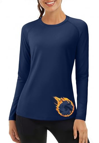 TACVASEN T-Shirt De Sport Thermique à Manches Longues pour Femmes T-Shirt Fonctionnel Uni Pull en Polaire Léger Et Respirant (Bleu Marine, L)