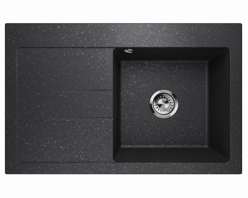 Lavello Granitspüle Grafite – Profonda lavandino da incasso 77,5x49,5 cm – Lavello da cucina 1 vasca con scolo, facile da pulire, resistente ai graffi, reversibile - incl. set di scarico e pregiata