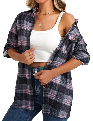 Enmain Camisa a Cuadros para Mujer Suaves y elásticas de Manga Larga con Botones Blusas de Cuadros con Bolsillos Rosa/Gris S