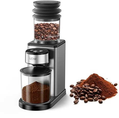 UDW Home Coffee Grinder, Conical Burr Grinder with 25 Settings, 60-Second Timer, Stainless Steel, Anti-Slip Base, Anti-Static, Easy to Clean