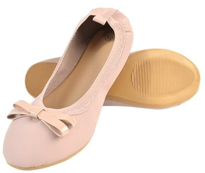 IUVYTA Balettskor för kvinnor, balettskor för kvinnor, platt hopfällbar, rund tå, utsmyckade elastiska knytband nubuck rosa för kvinnor