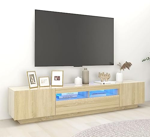 Meuble TV Moderne avec Éclairage LED RVB Changer de Couleur Automatique, Meuble Télévision en Bois Chêne Sonoma 200 cm Largeur pour Salon Salle à Manger, Design Pratique avec pour Console DVD