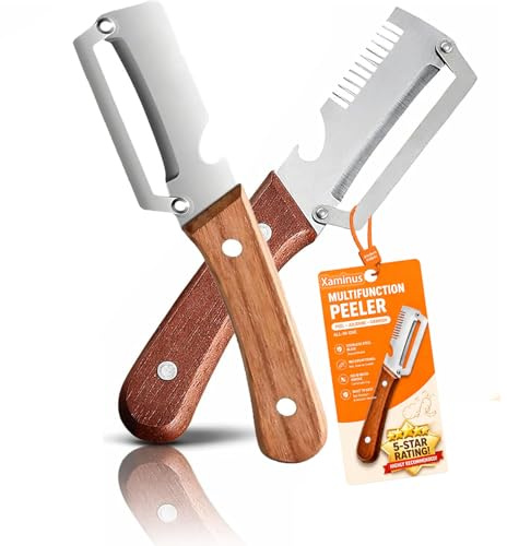 5 en 1 Éplucheur de légumes multifonction pour la cuisine avec lame en acier inoxydable ultra-aiguisée et manche en bois ergonomique, Décapsuleur, Écailleur à Poisson et Coupe-Oignon (2PCS-MIX)