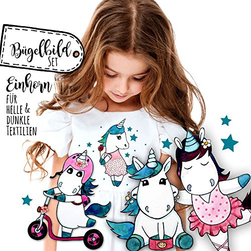 ilka parey wandtattoo-welt® Bügelbilder Set Applikation Bügelbild Aufbügelbilder Einhorn 4 Stk Bügelbild Applikation Einhörner Set bb023