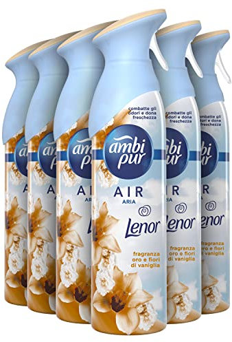 Ambi Pur Deodorante Ambiente Spray, Confezione da 6 Deodoranti, Fragranza Lenor Oro e Fiori di Vaniglia, Combatte Gli Odori In Qualsiasi Stanza Della Casa