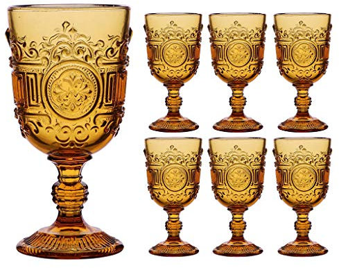 Dibor Wine Glasses Set of 6 Orange Embossed 300ml Drinking Goblets