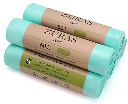 ZURAS® Sacchetti per rifiuti biologici da 60 litri, 75 pezzi, compostabili, biodegradabili, a base vegetale, certificati DIN EN 13432, resistenti agli strappi e impermeabili