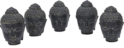 STONE art & more 5er Set Kleiner Buddha Kopf 10cm Steinfigur Deko Figur Garten schwarz antik frostfest