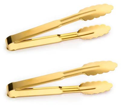 2-Pack 9 Inch Gold Serving Tongs Barbecue Food Tongs Buffet Tongs Non-slip & Easy Grip Stainless Steel Gold Kitchen Cooking Tongs, Salad, Bread, Ice, Frying,Grilling,Pastry,Oven