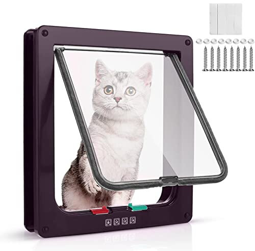 WeeGoo Large Cat Flap (Outer Size 25 x 23.5 cm) Lockable Cat Flaps Pet Door for Cats and Small Dogs,4 Way Locking Dog Flap Doors for Interior Exterior, Easy Fitting Weatherproof Silent (Brown)